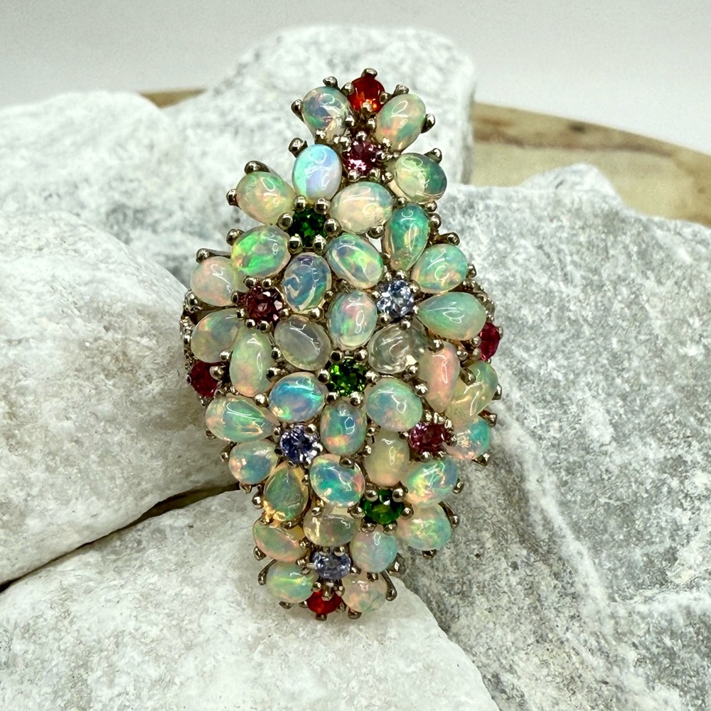 Premium Ethiopian Welo Opal & MultiGemstone 5.75 ctw Statement Ring Platinum/925 - Picture 9 of 17